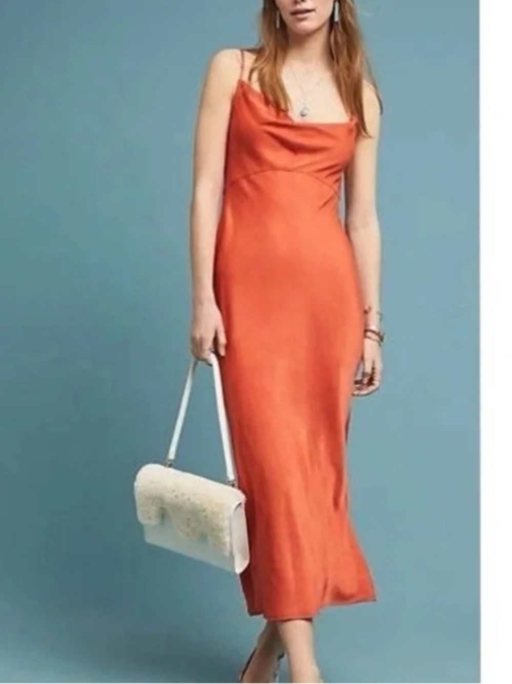Anthropologie womans Satin Slip Midi Dress in Rust Orange size M